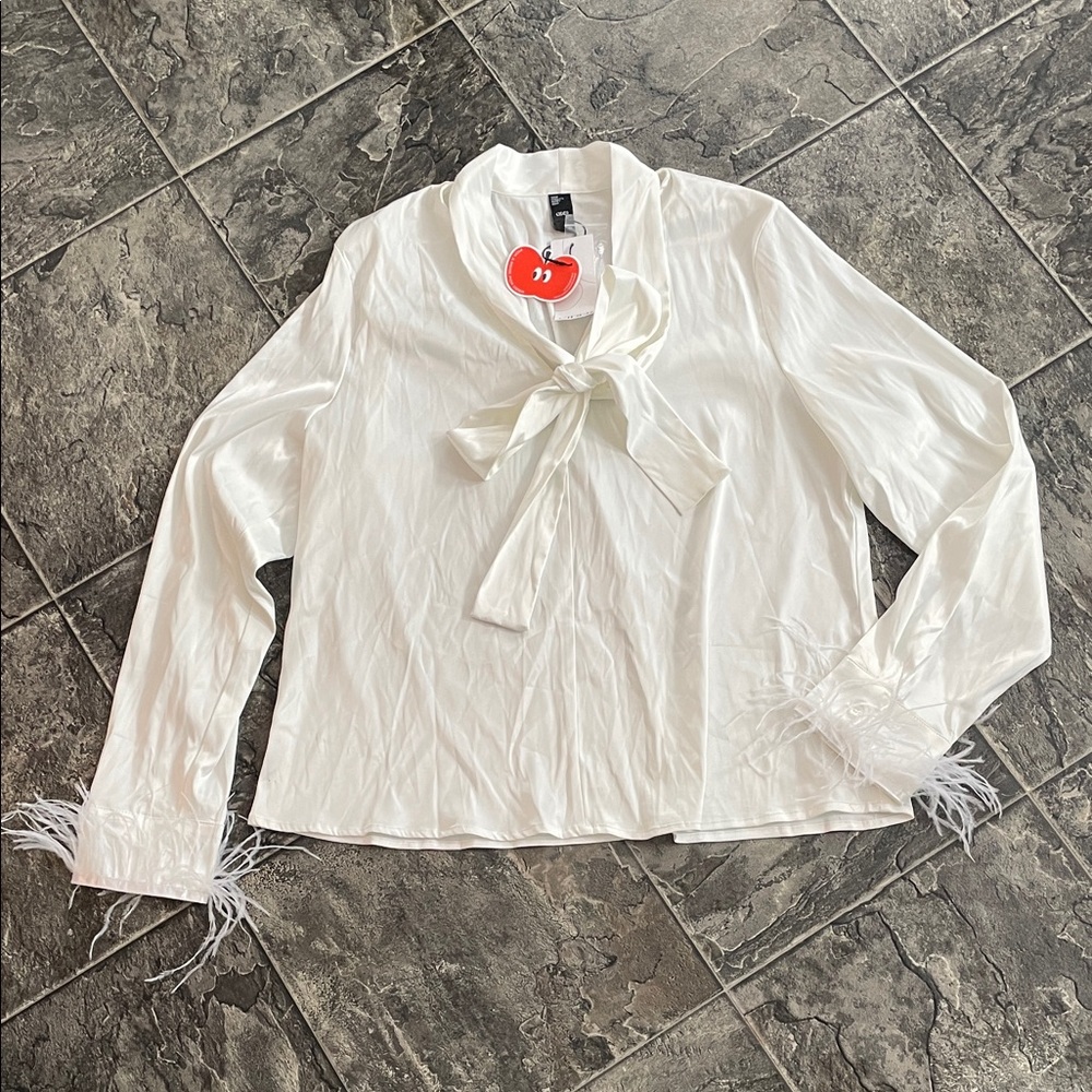 ⭐️NWT CIDER Women's Tie-Neck Long Sleeve Blouse w Whimsi Coquette Feather Cuffs